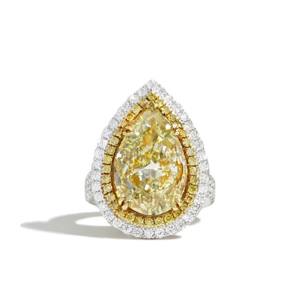 Private Label 7 Carat Yellow Diamond Pear Shape Double Halo Ring