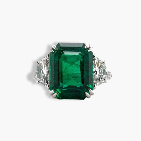 Emerald and Diamond Three Stone Ring in Platinum